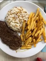 Biftek; Cips ve Pilav ile; dilediğiniz sos ile...